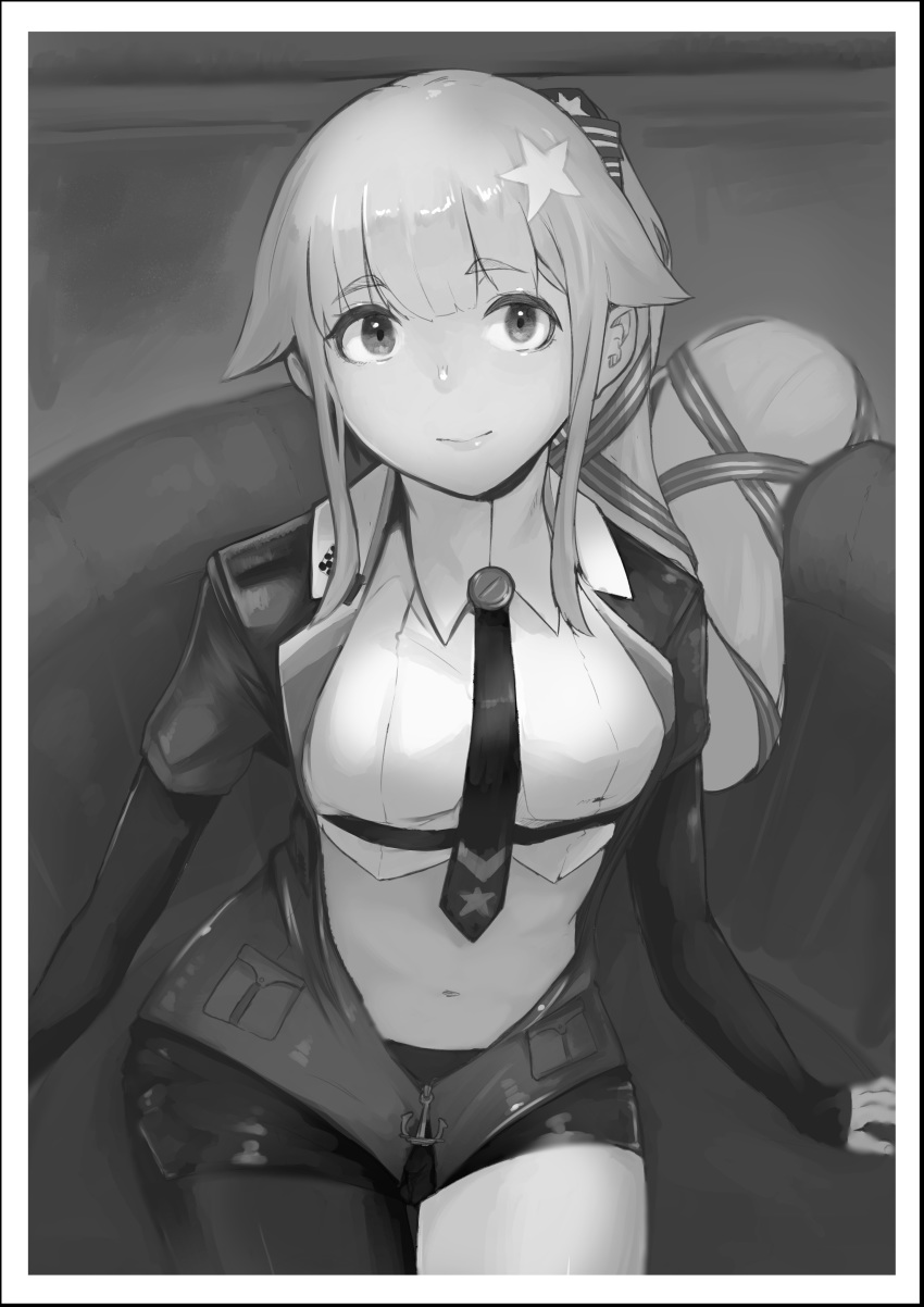 1girl absurdres bangs cosplay eimusu_(yassun83) eyebrows_visible_through_hair greyscale hair_flaps hair_ribbon highres kantai_collection lips long_hair midriff monochrome navel necktie ponytail ribbon shirt sidelocks single_leg_pantyhose sitting skirt smile solo south_dakota_(kantai_collection) south_dakota_(kantai_collection)_(cosplay) star_(symbol) very_long_hair vest yura_(kantai_collection)