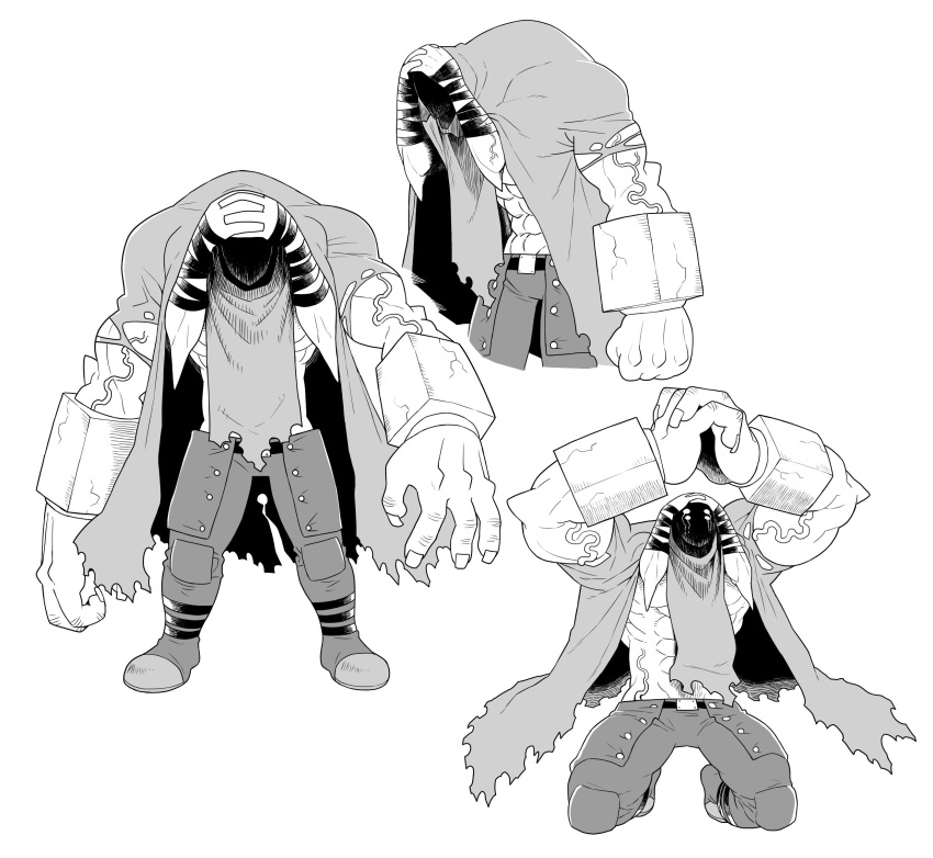 1boy abs absurdres arms_up begging belt coat crack extra_arms extra_eyes fingernails geee529 greyscale hatching_(texture) highres male_focus monochrome muscle original shaded_face simple_background solo standing torn torn_clothes torn_coat veins white_background