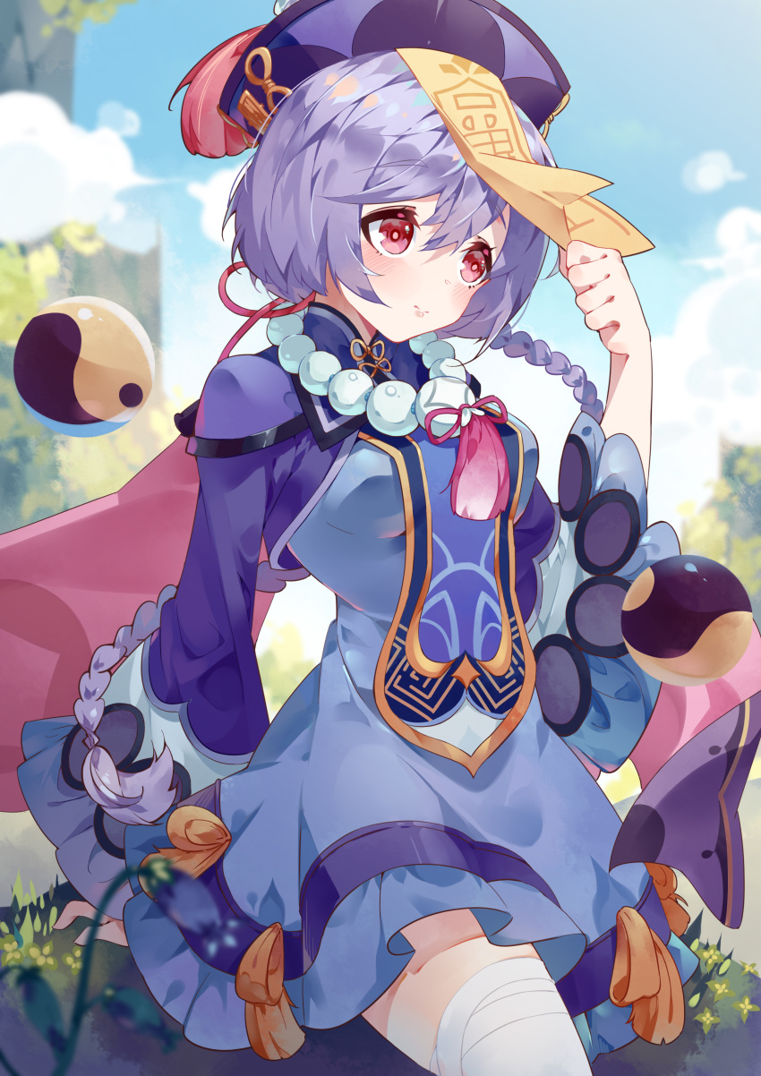 1girl absurdres beads blurry blurry_background blush breasts chinese_clothes commentary_request genshin_impact hair_between_eyes hat highres landscape long_braid looking_at_viewer prayer_beads purple_hair qiqi red_eyes sky solo talisman yin_yang_orb