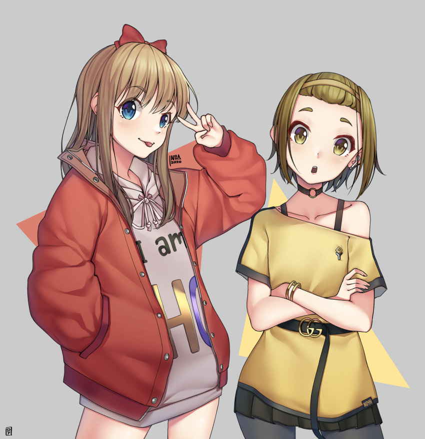 2girls :p artist_name bangs black_legwear black_skirt blonde_hair blue_eyes bow bracelet brown_choker brown_eyes choker cowboy_shot crossed_arms crossover eyebrows_visible_through_hair grey_background hair_bow hairband hand_in_pocket highres hood hoodie jacket jewelry k-on! multiple_girls noya_(no_ya) open_mouth pantyhose red_jacket shirt short_hair skirt tainaka_ritsu tongue tongue_out toshinou_kyouko trait_connection v yellow_hairband yellow_shirt yuru_yuri