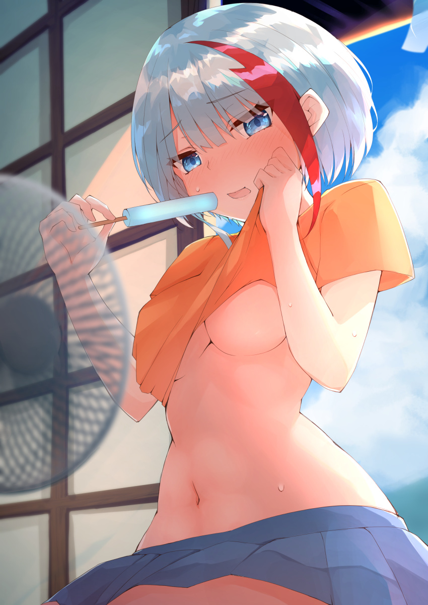 1girl absurdres admiral_graf_spee_(azur_lane) alternate_costume azur_lane bangs blue_eyes blue_skirt blush breasts electric_fan eyebrows_visible_through_hair food highres holding indoors multicolored_hair navel no_bra open_mouth orange_shirt pleated_skirt popsicle ryou_(ryo_217cafe) shirt short_hair short_sleeves silver_hair skirt solo streaked_hair sweat under_boob