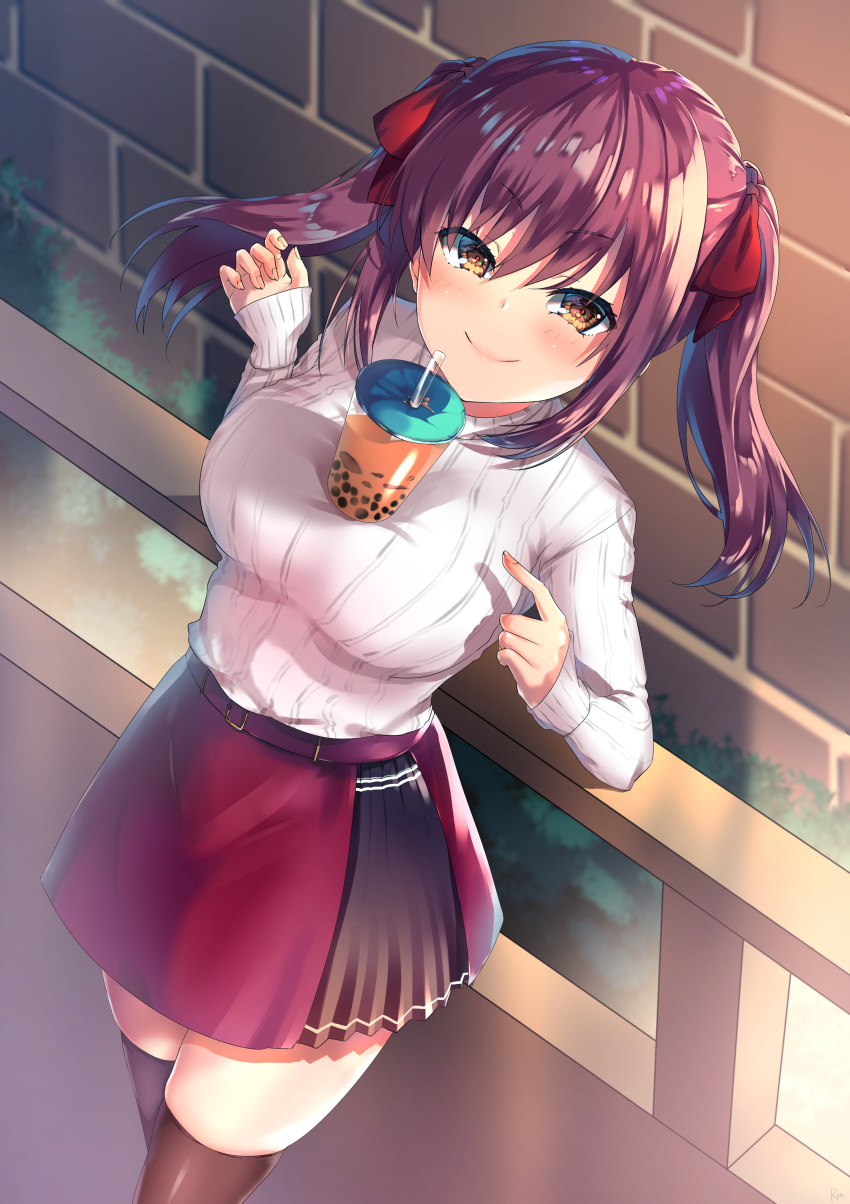 1girl absurdres amasawa_ichika bangs belt blush breasts brick_wall bubble_tea_challenge closed_mouth commentary_request cup drinking_straw dutch_angle eyebrows_visible_through_hair feet_out_of_frame fingernails hair_ribbon highres index_finger_raised large_breasts long_hair long_sleeves purple_hair railing red_skirt ribbon sidelocks skindentation skirt sleeves_past_wrists smile solo standing sweater thigh-highs thighs twintails utsunomiya_ryo v-shaped_eyebrows white_sweater yellow_eyes youkoso_jitsuryoku_shijou_shugi_no_kyoushitsu_e zettai_ryouiki