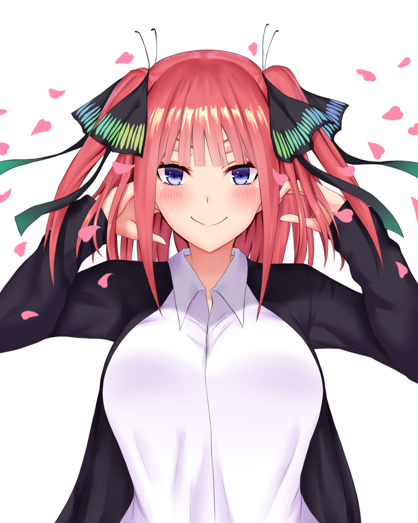 1girl arms_up bangs black_cardigan black_ribbon blue_eyes blunt_bangs blush breasts butterfly_hair_ornament cardigan crimecrime go-toubun_no_hanayome hair_ornament highres large_breasts looking_at_viewer nakano_nino open_cardigan open_clothes petals pink_hair ribbon shiny shiny_hair shirt simple_background sleeves_past_wrists smile twintails white_background white_shirt