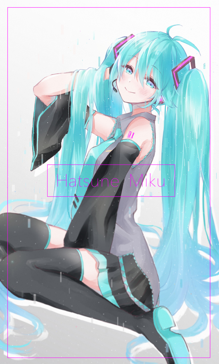 1girl absurdres arm_tattoo blue_eyes blue_hair character_name detached_sleeves hatsune_miku highres kuru_(krkr8686) long_hair looking_at_viewer seiza sitting smile solo tattoo very_long_hair vocaloid