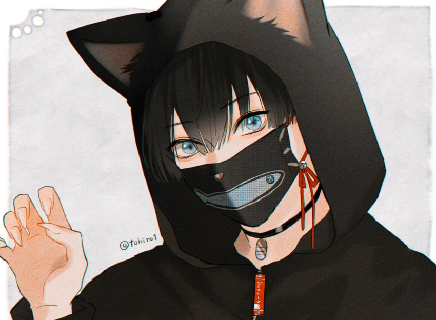 1boy animal_ears animal_hood artist_name bell black_choker black_hair black_hoodie black_mask blue_eyes cat_ears cat_hood choker hair_between_eyes hood hoodie jingle_bell long_sleeves looking_at_viewer male_focus mask original paw_pose shijima_tohiro simple_background solo upper_body