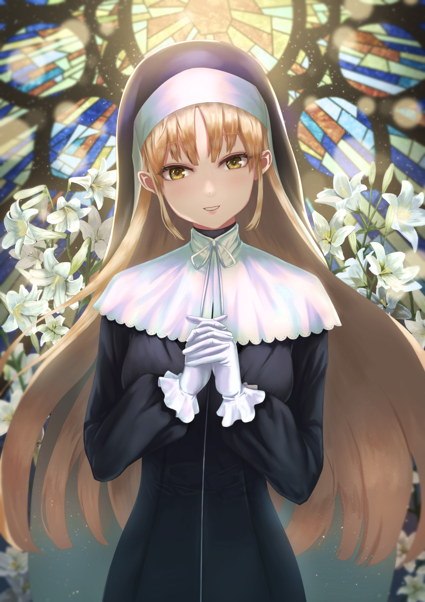 1girl absurdres bangs black_dress blonde_hair capelet dress floating_hair flower gloves grin head_tilt highres holding_hands huge_filesize interlocked_fingers lily_(flower) long_hair long_sleeves looking_at_viewer neck_ribbon nijisanji nun ribbon shiny shiny_hair sister_cleaire smile solo stained_glass standing tachibana_yuu_(shika) veil very_long_hair virtual_youtuber white_capelet white_flower white_gloves white_ribbon yellow_eyes