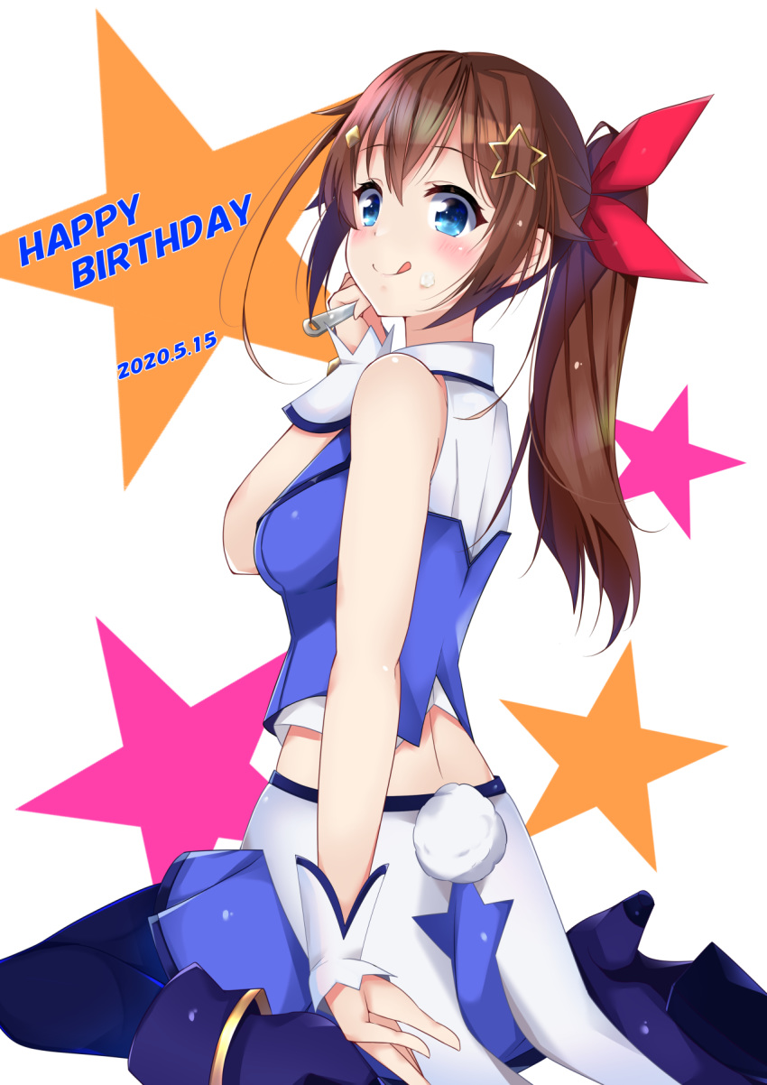 1girl alternate_hairstyle blue_eyes breasts brown_hair commentary_request dated hair_ornament hair_ribbon happy_birthday highres hololive long_hair looking_at_viewer looking_back ponytail ribbon seiza simple_background sitting sleeveless starry_background tentenkorori tokino_sora tongue tongue_out virtual_youtuber
