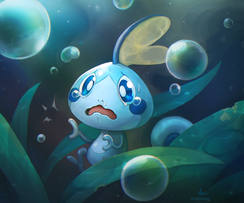 absurdres air_bubble anhdang artist_name bubble commentary crying crying_with_eyes_open d: english_commentary gen_8_pokemon highres leaf open_mouth pokemon pokemon_(creature) signature snot sobble tears