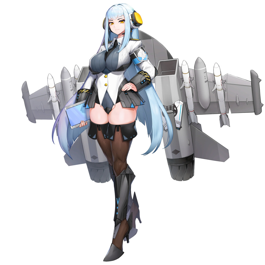 1girl bangs boots breasts bumcha eb-48g_hraesvelgr full_body headset highres impossible_clothes impossible_leotard large_breasts last_origin leotard light_blue_hair long_hair looking_at_viewer missile necktie official_art sidelocks solo tablet_pc tachi-e thigh-highs transparent_background very_long_hair yellow_eyes