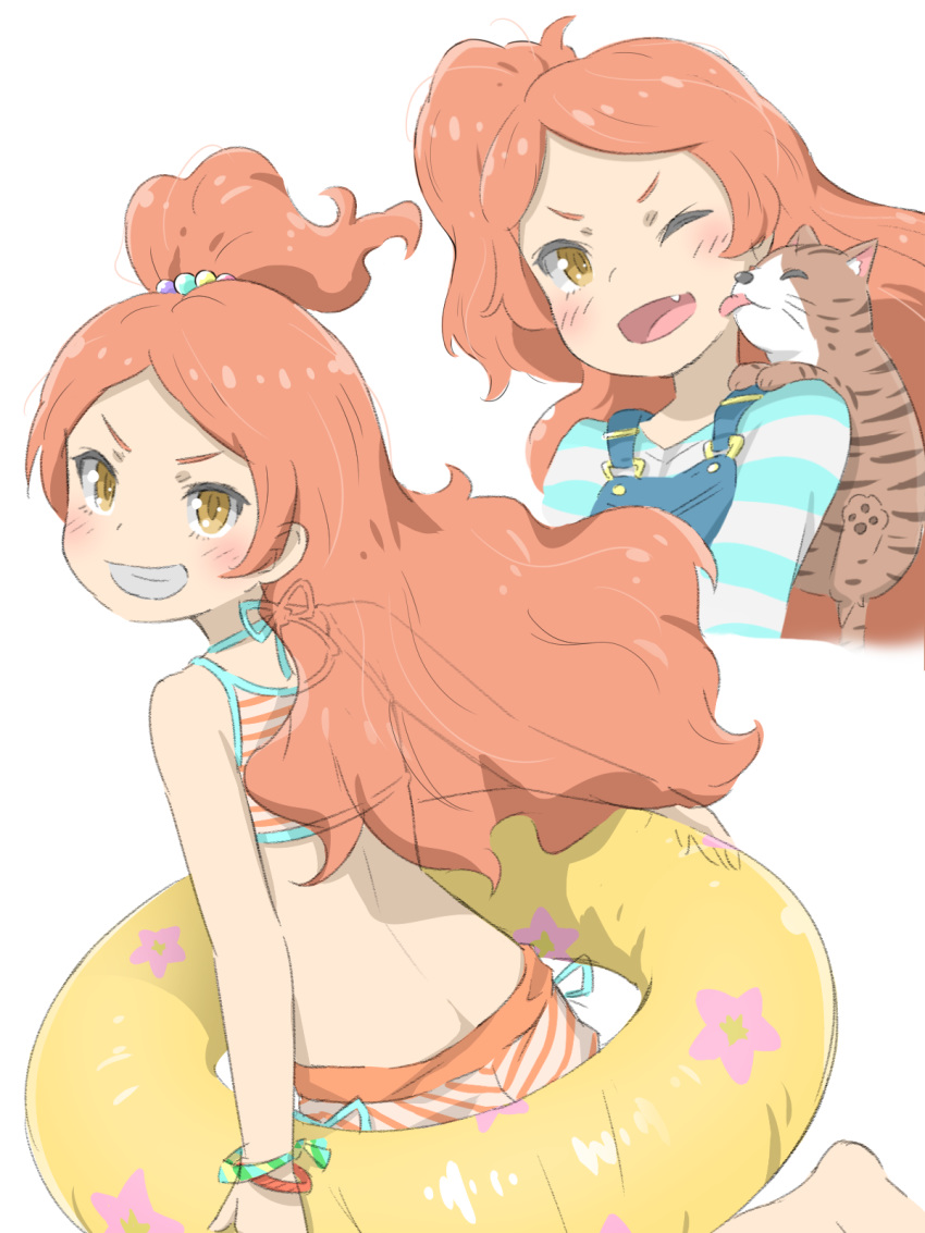 1girl bangs blush cat fang floral_print grin highres idolmaster idolmaster_million_live! innertube licking long_hair looking_at_viewer multiple_views one_eye_closed oogami_tamaki open_mouth orange_hair parted_bangs short_eyebrows side_ponytail simple_background smile striped striped_swimsuit suspenders swimsuit tayuura_(kuwo) white_background yellow_eyes