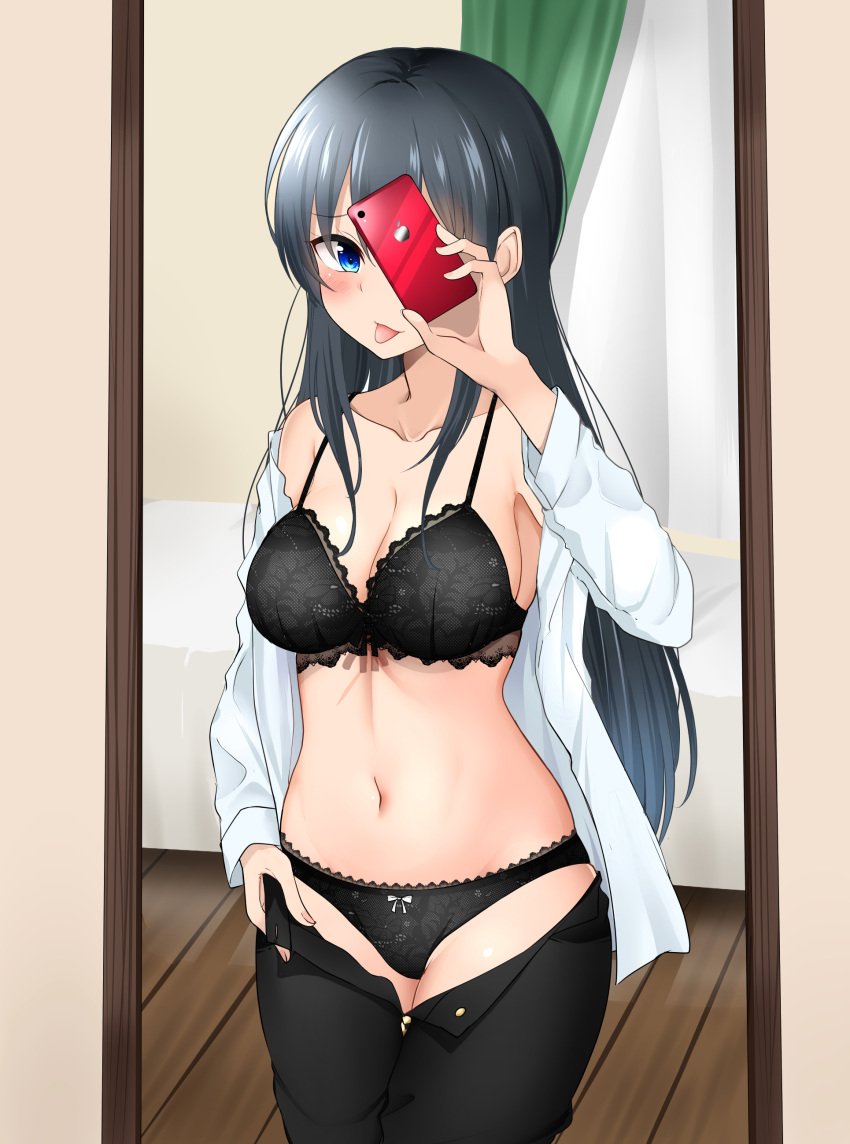 1girl absurdres black_bra black_hair black_panties black_pants blue_eyes bow bow_panties bra breasts cellphone commentary_request full-length_mirror highres holding holding_phone indoors kiyu_fuyuki large_breasts long_hair long_sleeves looking_at_mirror mirror navel open_clothes open_shirt original panties pants phone reaching_out reflection self_shot shirt smartphone solo standing tongue tongue_out underwear very_long_hair white_shirt