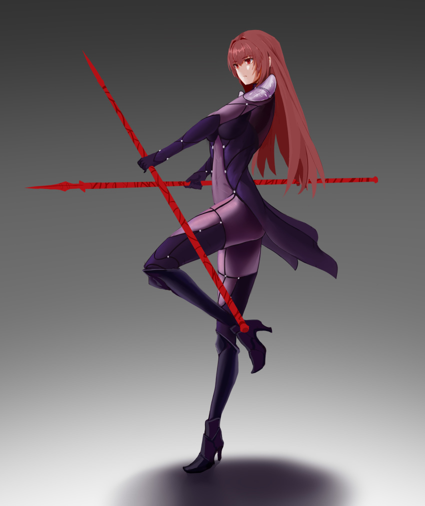 1girl absurdres bodysuit fate/grand_order fate_(series) gae_bolg high_heels highres long_hair polearm red_eyes scathach_(fate)_(all) scathach_(fate/grand_order) shinkiri spear weapon