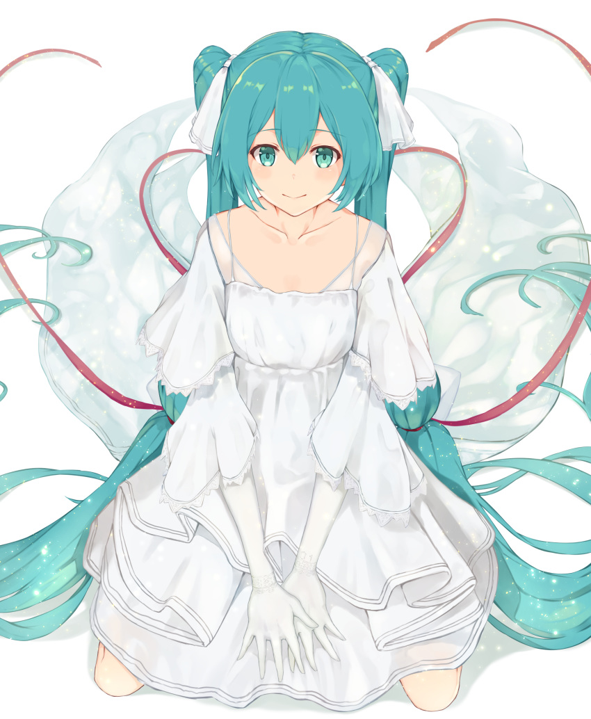 1girl aqua_eyes aqua_hair blush dress elbow_gloves gloves hair_between_eyes hatsune_miku highres long_hair looking_at_viewer piisu simple_background sitting smile twintails very_long_hair vocaloid wedding_dress white_background white_dress white_gloves