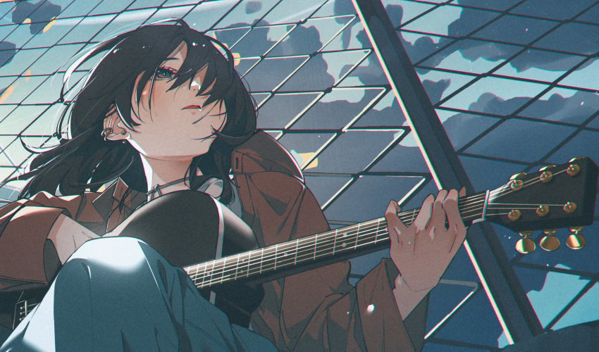 1girl acoustic_guitar black_hair blue_eyes clouds denim ear_piercing fence guitar highres holding holding_instrument instrument jacket jeans long_hair long_sleeves looking_to_the_side music open_mouth original pants piercing playing_instrument red_jacket shiomi_(lowrise) sitting sky solo