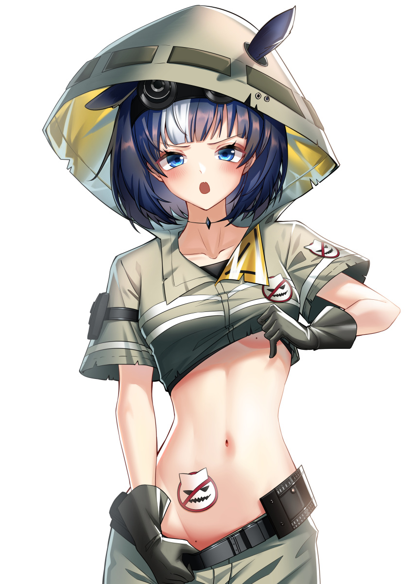 1girl :o absurdres animal_ears arknights bangs belt black_belt black_gloves black_hair blue_eyes blunt_bangs blush breasts brown_shirt brown_shorts collarbone commentary_request cowboy_shot detached_hood ears_through_headwear fang glaucus_(arknights) gloves groin highres hood hood_up looking_at_viewer midriff mole mole_on_body mole_on_breast multicolored_hair navel night_vision_device open_mouth originium_(arknights) shirt shirt_lift short_hair short_sleeves shorts shorts_pull sidelocks simple_background skin_fang small_breasts so_tsubasa solo standing stomach_tattoo streaked_hair tattoo under_boob white_background white_hair