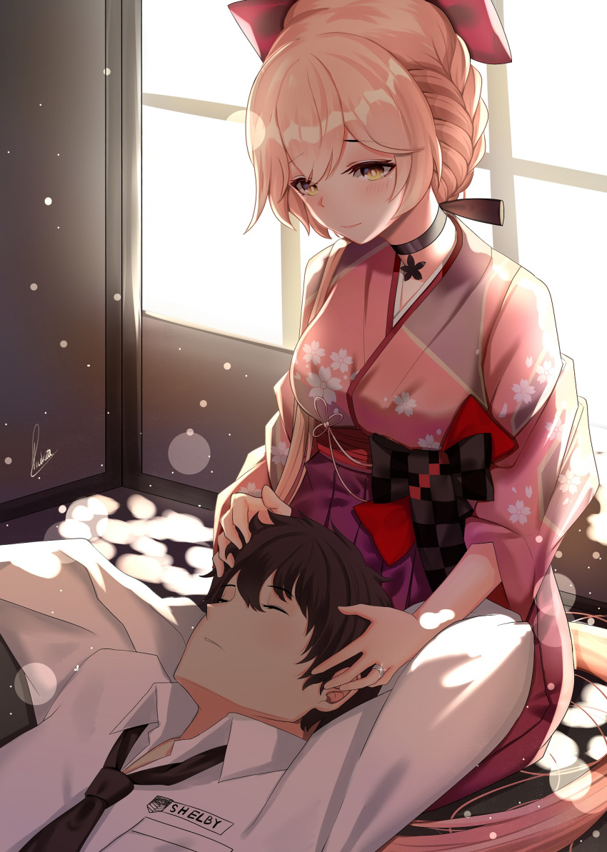 1boy 1girl blonde_hair braid brown_hair choker commander_(girls_frontline) commission girls_frontline highres japanese_clothes jewelry kimono lap_pillow long_hair ots-14_(girls_frontline) petting piukute062 ring short_hair sleeping sleeping_on_person very_long_hair wedding_band yellow_eyes