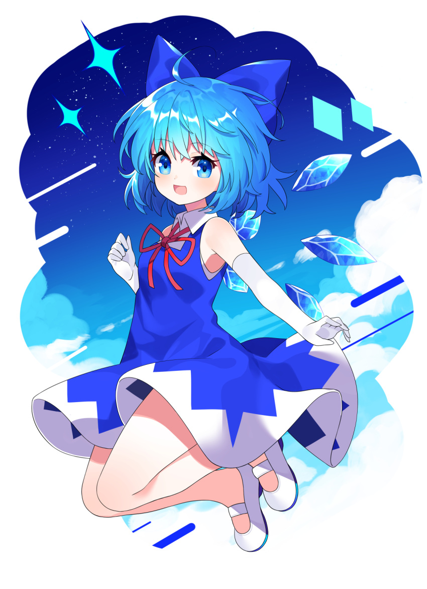 1girl :d ahoge bangs bare_shoulders blue_bow blue_dress blue_eyes blue_hair blue_wings bow cirno collared_shirt day detached_wings dress elbow_gloves eyebrows_visible_through_hair full_body gloves hair_between_eyes hair_bow highres ice ice_wings looking_at_viewer neck_ribbon open_mouth red_ribbon ribbon shirt shoes short_hair sleeveless sleeveless_dress sleeveless_shirt smile solo touhou uwabaki white_footwear white_gloves white_shirt wings yuujin_(yuzinn333)