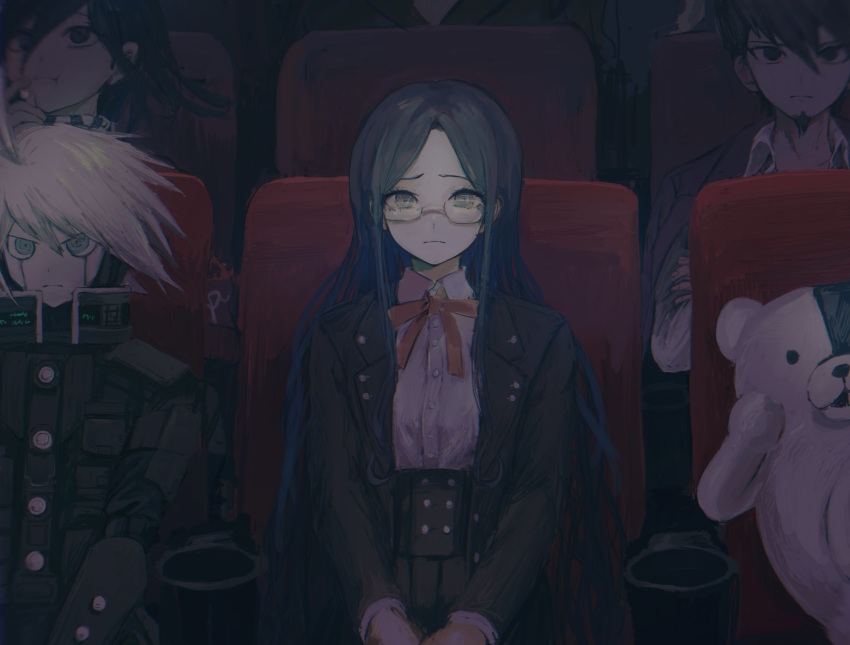 1girl 3boys :i ahoge ako_(td110349-7517) bear blazer blue_eyes blue_hair checkered checkered_scarf dangan_ronpa eating facial_hair glasses hair_between_eyes jacket keebo long_hair long_sleeves momota_kaito monokuma movie_theater multiple_boys neck_ribbon new_dangan_ronpa_v3 ouma_kokichi ribbon scarf school_uniform shirogane_tsumugi sitting theater white_hair