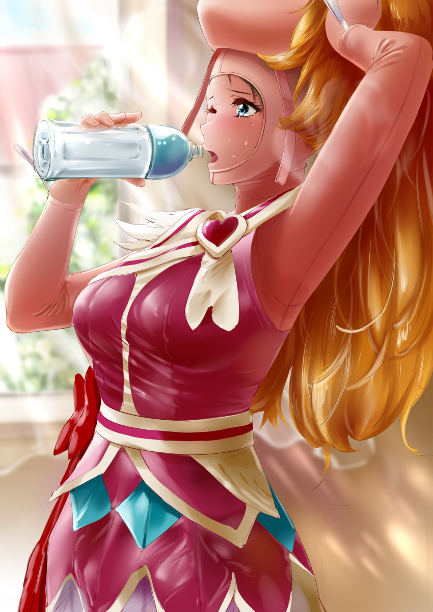 1girl actress anigurum animegao blue_eyes blush bodysuit breasts brown_hair cosplay costume cure_heart cure_heart_(cosplay) dokidoki!_precure dress drink drinking highres idol indoors kigurumi large_breasts long_hair mask mask_on_head one_eye_closed precure solo standing sweat sweating_profusely