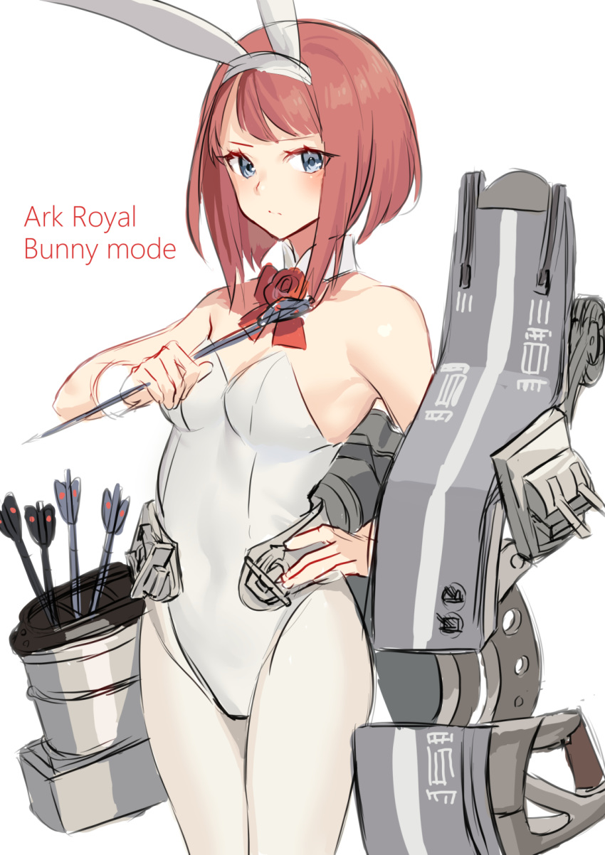 1girl animal_ears ark_royal_(kantai_collection) arrow_(projectile) bangs blue_eyes blunt_bangs bob_cut bow_(weapon) breasts bunny_tail character_name compound_bow cowboy_shot detached_collar flower highres inverted_bob kantai_collection leotard machinery mizuki_eiru_(akagi_kurage) pantyhose playboy_bunny quiver rabbit_ears red_flower red_neckwear red_ribbon red_rose redhead ribbon rose short_hair simple_background small_breasts solo standing tail weapon white_background white_legwear white_leotard wrist_cuffs