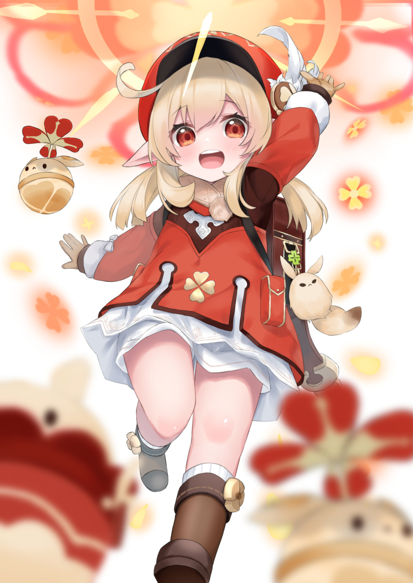 1girl :d arm_up bangs blonde_hair blurry blurry_background blush boots brown_footwear brown_gloves commentary_request depth_of_field dress explosion eyebrows_visible_through_hair flat_cap genshin_impact gloves hair_between_eyes hashiko_nowoto hat highres klee_(genshin_impact) knee_boots kneehighs long_hair long_sleeves looking_at_viewer low_twintails open_mouth pointy_ears red_dress red_eyes red_headwear ribbed_legwear short_shorts shorts shorts_under_dress smile solo standing standing_on_one_leg twintails white_background white_legwear white_shorts