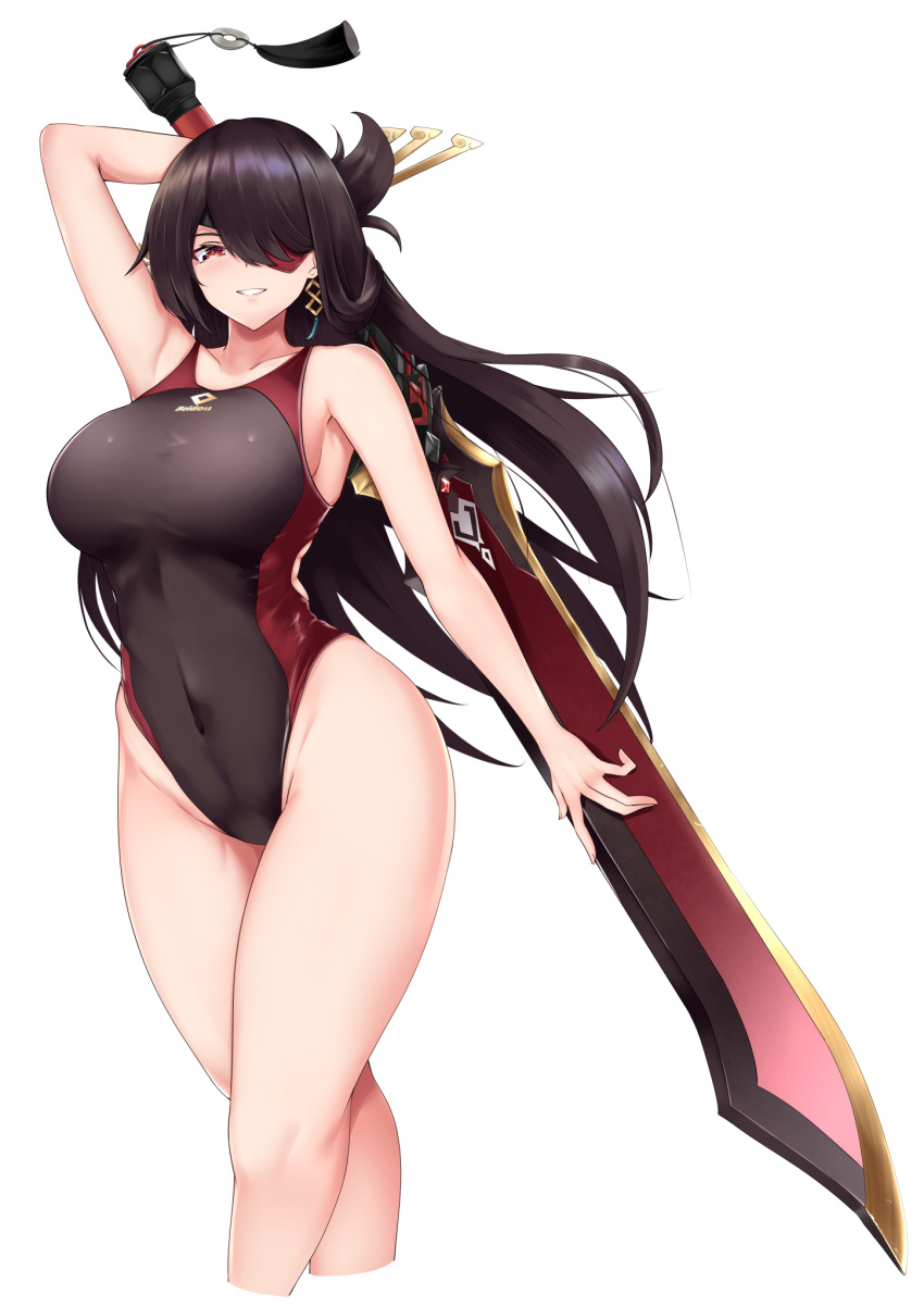 1girl armpits bangs bare_shoulders beidou_(genshin_impact) black_hair blush breasts collarbone competition_swimsuit earrings eyepatch genshin_impact hair_ornament hair_over_one_eye hairpin highleg highleg_swimsuit highres holding holding_sword holding_weapon jewelry large_breasts long_hair looking_at_viewer masaki_nanaya one-piece_swimsuit parted_lips red_eyes smile solo swimsuit sword thighs two-tone_swimsuit weapon