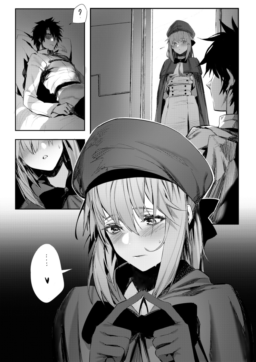 1boy 1girl ? arms_behind_back artoria_pendragon_(all) artoria_pendragon_(caster) bangs beret blush breasts buttons cape chaldea_uniform closed_mouth dress fate/grand_order fate_(series) fingers_together fujimaru_ritsuka_(male) greyscale hat heart highres hxd jacket light_smile long_hair medium_breasts monochrome short_hair sidelocks twintails