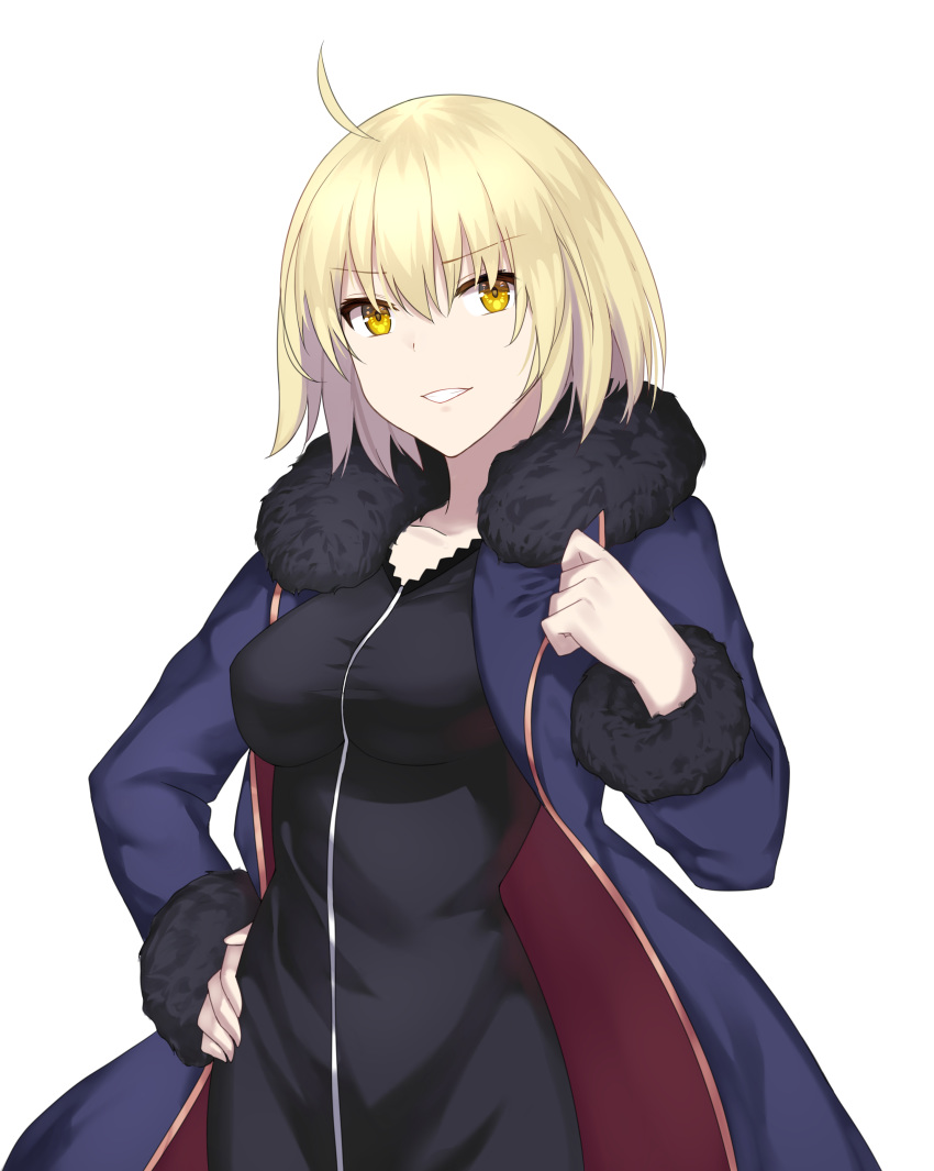 1girl absurdres ahoge bangs black_dress blonde_hair blue_coat breasts coat collarbone dress eyebrows_visible_through_hair fate/grand_order fate_(series) fur-trimmed_sleeves fur_trim grin hair_between_eyes hand_on_hip highres jeanne_d'arc_(alter)_(fate) jeanne_d'arc_(fate)_(all) long_sleeves looking_at_viewer medium_breasts open_clothes open_coat shiny shiny_hair short_hair simple_background smile solo standing unscpro white_background yellow_eyes