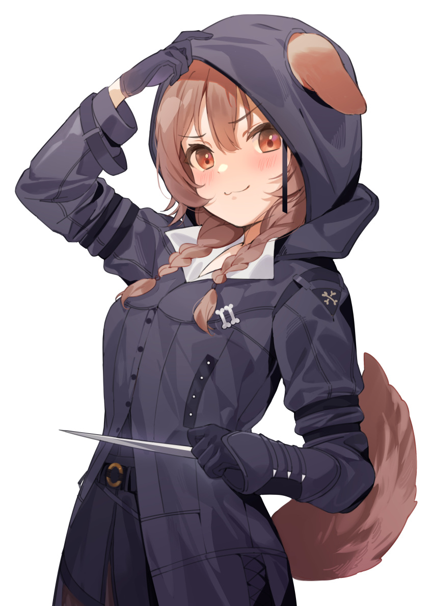 1girl :3 absurdres alternate_costume animal_ears assassin's_creed_(series) black_gloves black_jacket blush braid breasts brown_hair closed_mouth commentary cowboy_shot dagger dog_ears dog_tail eyebrows_visible_through_hair gloves hair_between_eyes hana_mori highres holding holding_dagger holding_weapon hololive hood hooded_jacket inugami_korone jacket long_sleeves looking_at_viewer medium_breasts medium_hair red_eyes side_braids simple_background smile solo tail twin_braids virtual_youtuber weapon white_background