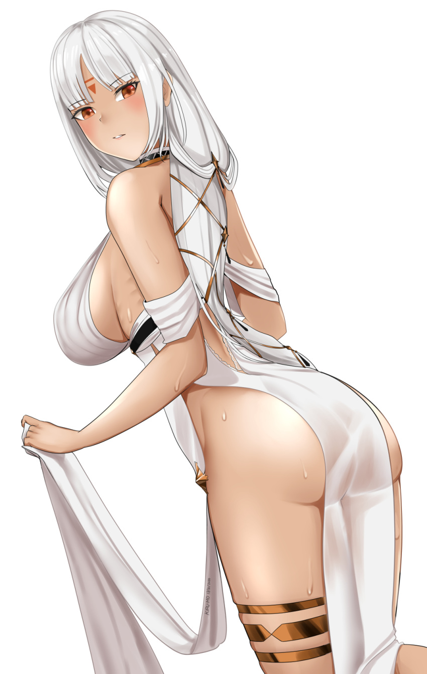 1girl ass azur_lane bare_shoulders blush breasts dark_skin dated dress eyebrows_visible_through_hair facial_mark forehead_mark from_behind highres kirumo large_breasts long_hair looking_at_viewer looking_back massachusetts_(azur_lane) massachusetts_(dressed_to_impress)_(azur_lane) native_american parted_lips redhead see-through signature simple_background sleeveless sleeveless_dress solo standing sweat thigh-highs thighlet white_background white_dress white_hair