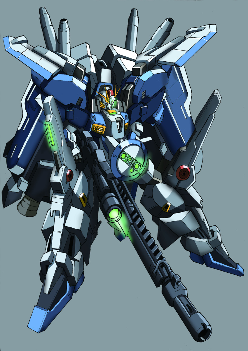 absurdres ex-s_gundam floating green_eyes grey_background gun gundam gundam_sentinel highres holding holding_gun holding_shield holding_weapon looking_down mecha no_humans shield solo sunflower_(tomodog422) v-fin weapon