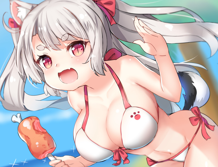 :d absurdres animal_ears azur_lane beach bikini blurry boned_meat breasts depth_of_field dog_ears dog_girl dog_tail dutch_angle fang food front-tie_top highres large_breasts long_hair meat open_mouth red_eyes short_eyebrows shou_jian_yu side-tie_bikini silver_hair skin_fang slit_pupils smile swimsuit tail twintails very_long_hair yuudachi_(azur_lane)