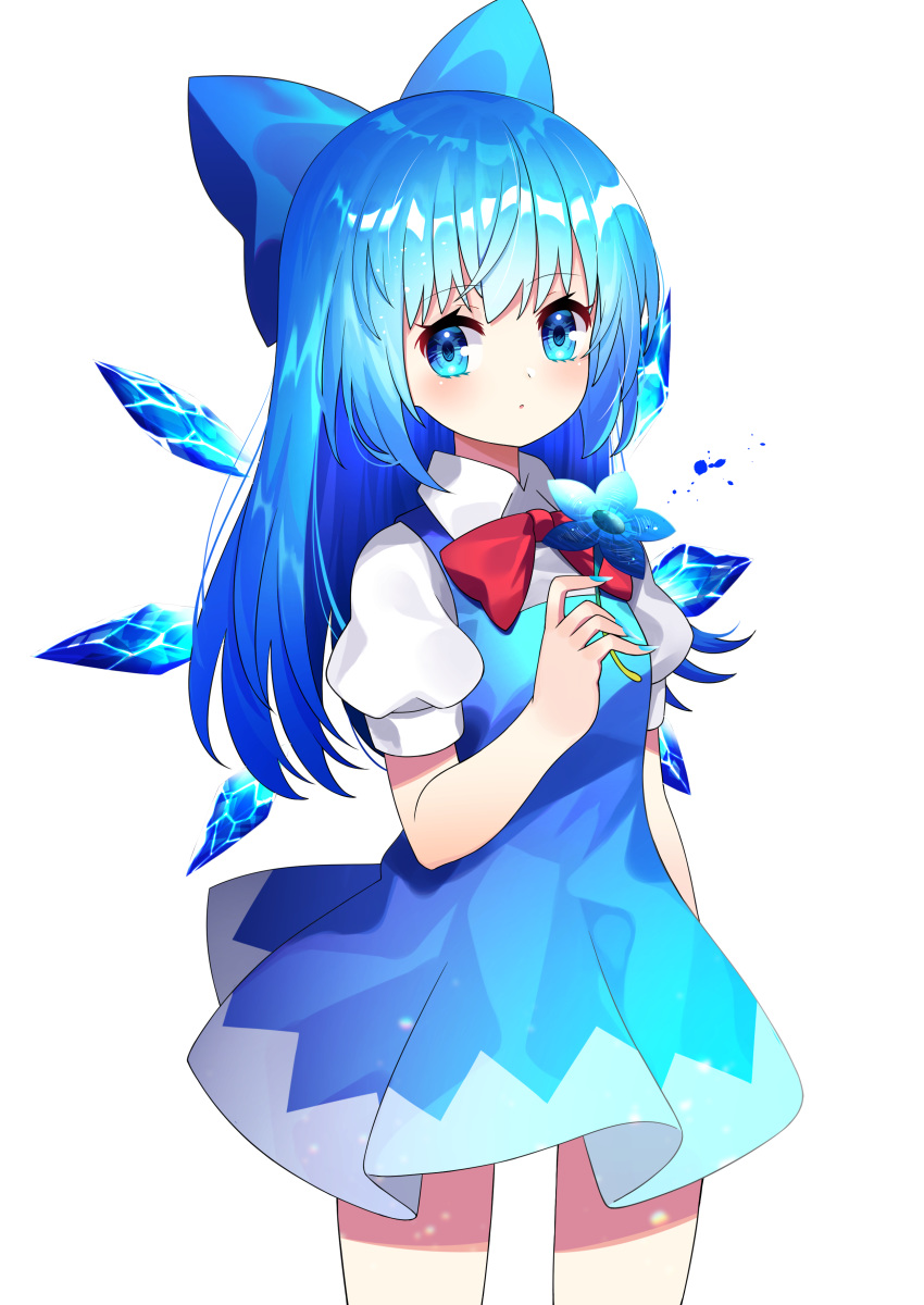 1girl absurdres alternate_hair_length alternate_hairstyle bangs blue_bow blue_dress blue_eyes blue_flower blue_hair blue_wings blush bow breasts cirno closed_mouth collared_shirt detached_wings dress eyebrows_visible_through_hair flower hair_bow highres holding holding_flower ice ice_wings long_hair looking_at_viewer pleated_dress puffy_short_sleeves puffy_sleeves red_bow shirt short_sleeves simple_background sleeveless sleeveless_dress small_breasts solo touhou very_long_hair white_background white_shirt wings yuujin_(yuzinn333)