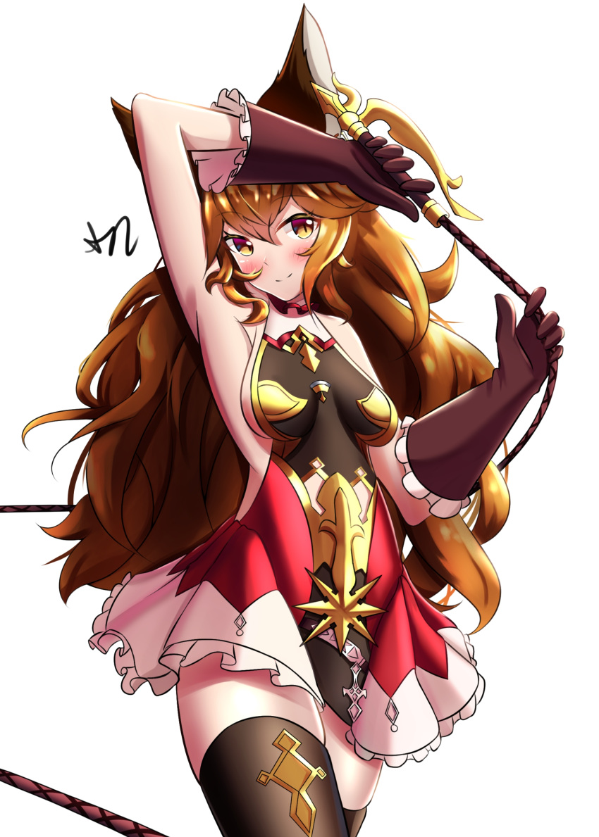 absurdres animal_ears armpits backless_outfit blush breasts brown_eyes brown_hair curvy erune ferry_(granblue_fantasy) gloves granblue_fantasy highres rooby_n sideboob skirt smile thigh-highs thighs whip