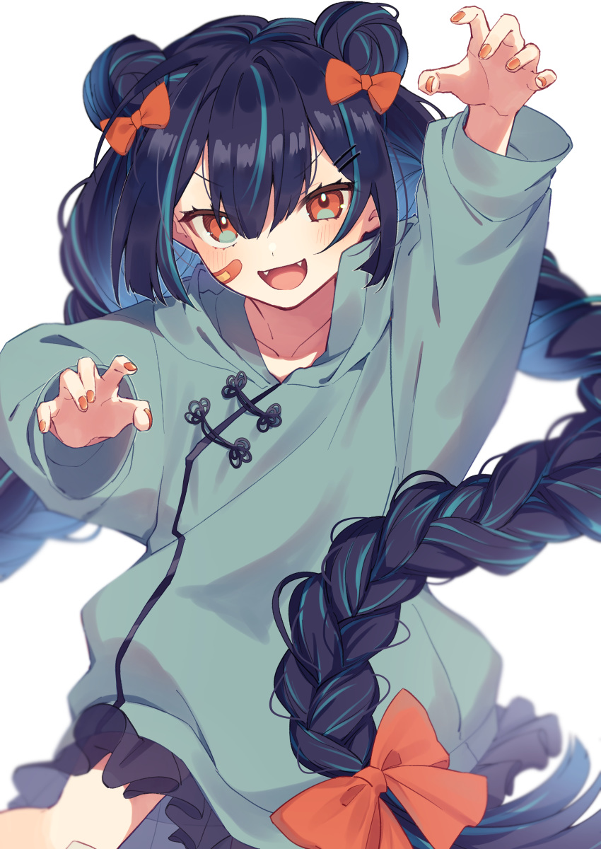 1girl absurdres aqua_hair bandaid bandaid_on_face bangs black_hair blush bow chinese_clothes double_bun fangs green_shirt hair_bow hair_ornament hairclip highres hinakano_h long_braid long_hair long_sleeves multicolored_hair open_mouth orange_bow orange_eyes original paw_pose shirt sidelocks simple_background solo streaked_hair twintails upper_body white_background