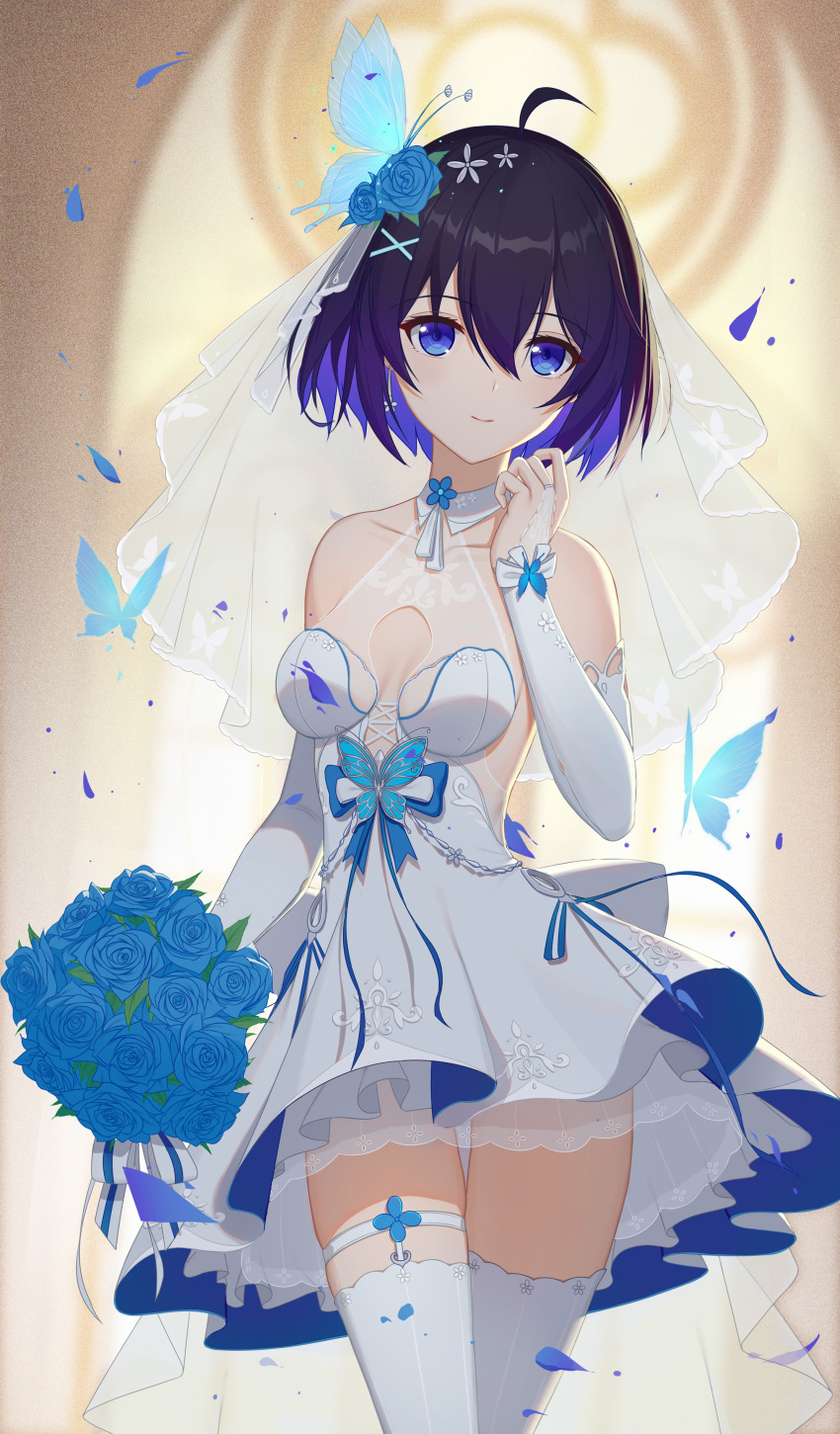 1girl absurdres ahoge bare_shoulders black_hair blue_butterfly blue_eyes blue_flower blue_hair blue_rose blurry blurry_background bouquet breasts bridal_gauntlets bridal_veil bride butterfly_hair_ornament cleavage_cutout clothing_cutout colored_inner_hair commentary cowboy_shot dress earrings flower gloves hair_between_eyes hair_flower hair_ornament halter_dress heart-heavenly5 highres holding holding_bouquet honkai_(series) honkai_impact_3rd indoors jewelry looking_at_viewer medium_breasts multicolored_hair rose seele_vollerei short_dress smile thigh-highs two-tone_hair veil wedding_dress white_dress white_gloves white_legwear x_hair_ornament