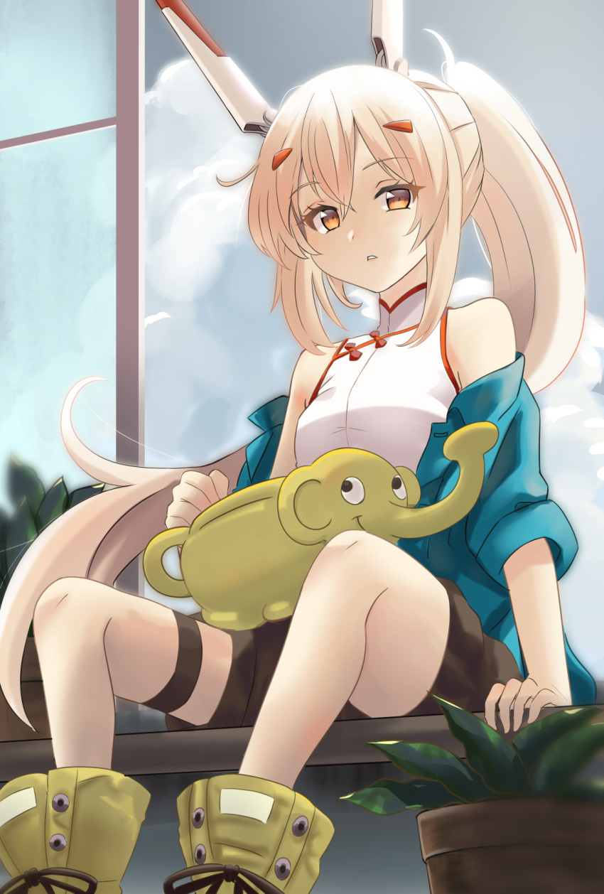1girl alternate_costume ayanami_(azur_lane) azur_lane blurry boots casual clouds cloudy_sky commentary_request contemporary depth_of_field hair_ornament hairclip headgear highres john_manjirou_(love-love-happy21) looking_at_viewer off-shoulder_jacket orange_eyes parted_lips ponytail retrofit_(azur_lane) shorts silver_hair sitting sky solo turtleneck watering_can