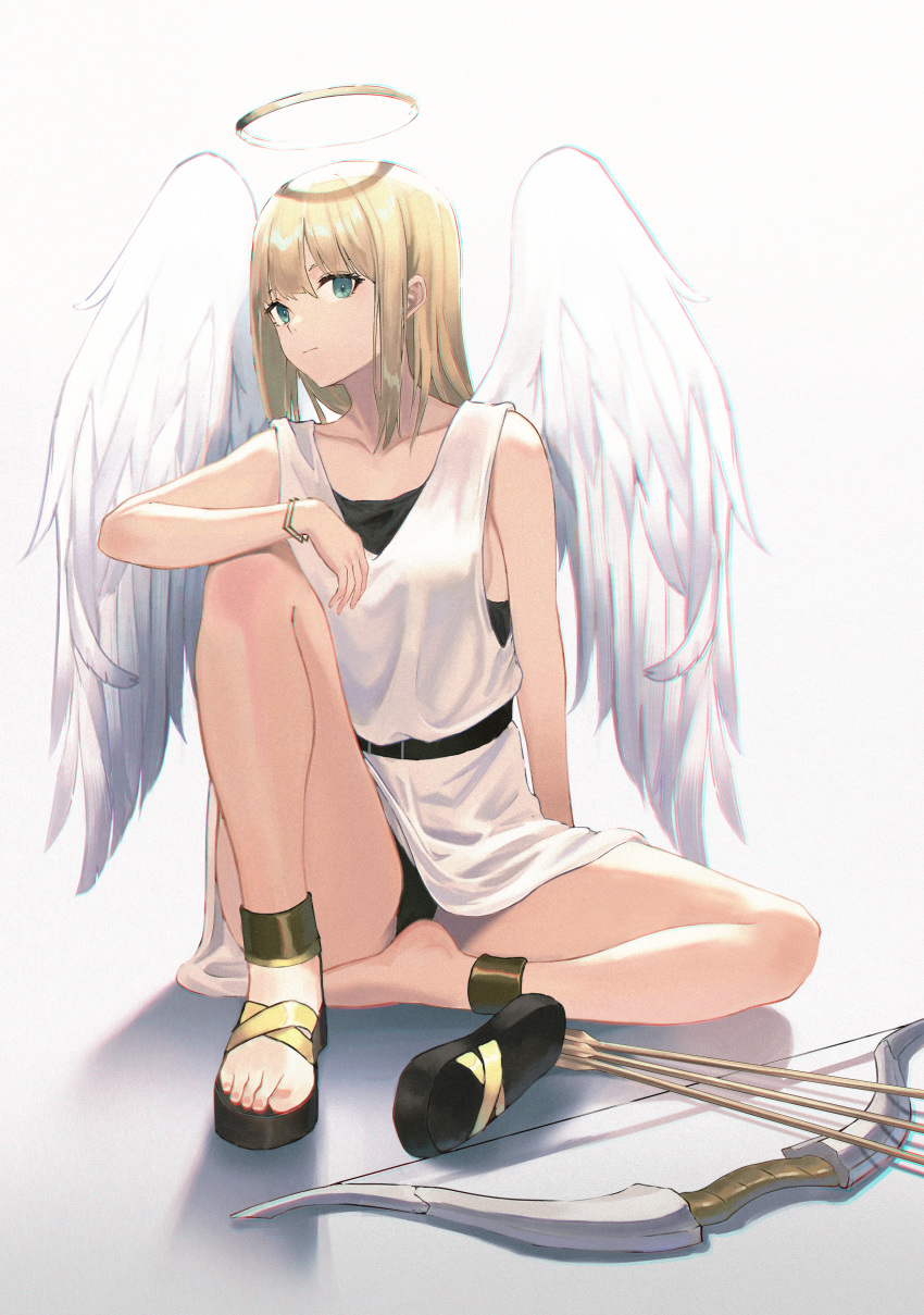 1girl absurdres angel angel_wings anklet bangs black_panties blonde_hair bow_(weapon) bracelet closed_mouth collarbone feathered_wings full_body green_eyes hair_between_eyes highres huge_filesize jewelry long_hair original panties ritta_(abmnoworld) shiny shiny_hair simple_background sitting sleeveless solo underwear weapon white_background white_wings wings