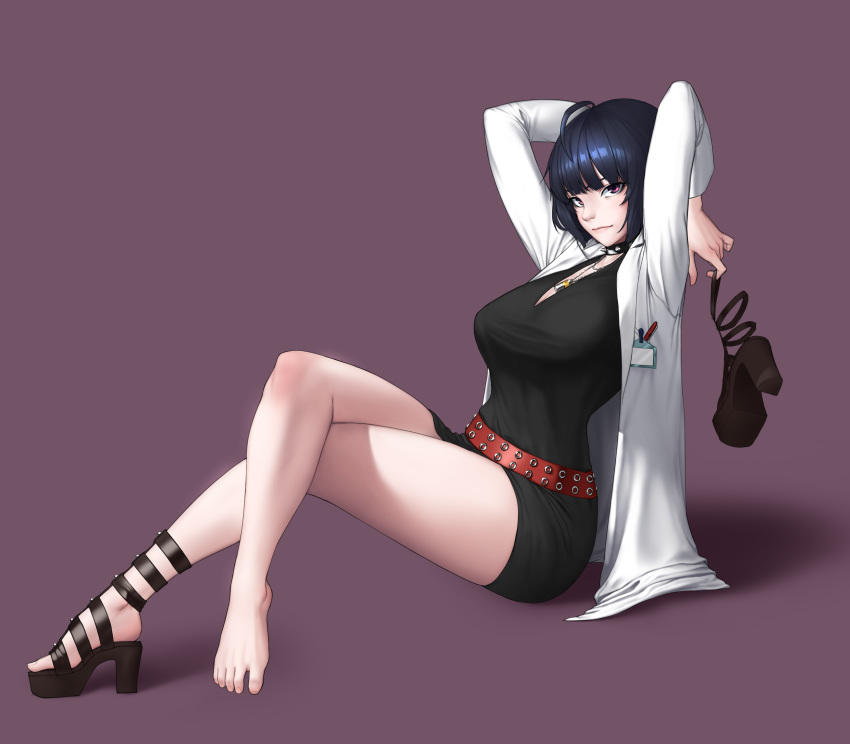 1girl ahoge bangs beeeeen_213 black_dress black_hair choker crossed_legs dress high_heels highres labcoat looking_at_viewer persona persona_5 purple_background short_dress short_hair simple_background sitting smile solo spiked_choker spikes studded_choker takemi_tae violet_eyes