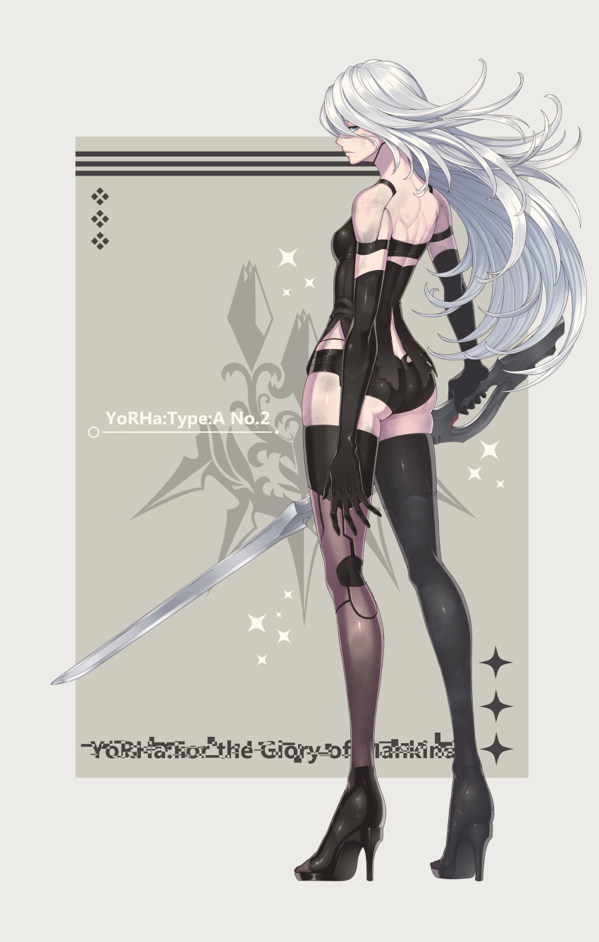 1girl absurdres android ass bangs bite_addict black_legwear black_shorts blue_eyes breasts character_name closed_mouth commentary_request elbow_gloves full_body gloves high_heels highres holding holding_weapon joints lips long_hair looking_at_viewer medium_breasts mole mole_under_mouth nier_(series) nier_automata robot_joints shiny shiny_clothes short_shorts shorts simple_background standing sword thigh-highs thighs weapon white_hair yorha_type_a_no._2
