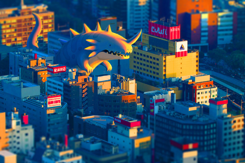 billboard blurry city commentary_request depth_of_field fins gills horns ka92 kaijuu original outdoors scenery single_horn sunrise tail