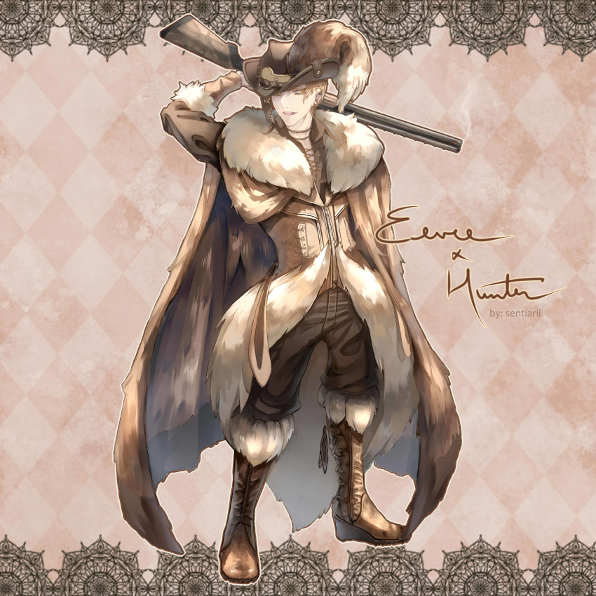 1boy absurdres argyle argyle_background arm_at_side artist_name brown_background brown_cape brown_eyes brown_footwear brown_hair brown_headwear brown_pants cape coat ear_piercing earrings eevee full_body fur fur_trim gen_1_pokemon gun hat_ornament highres holding holding_gun holding_weapon jewelry male_focus pants personification piercing pokemon sentiarii standing weapon