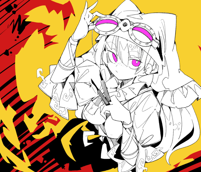 1girl aura breasts bright_pupils doguu goggles goggles_on_head hands_up haniyasushin_keiki head_scarf highres holding limited_palette long_hair looking_at_viewer ma_sakasama medium_breasts puffy_short_sleeves puffy_sleeves short_sleeves solo spot_color tools touhou upper_body violet_eyes white_pupils yellow_background
