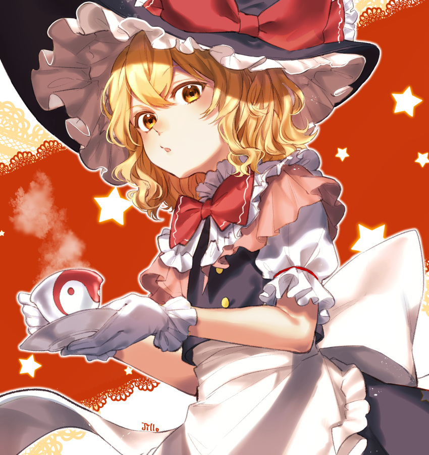 1girl apron artist_name back_bow bangs black_headwear black_vest blonde_hair blush bow bowtie crossed_bangs cup dutch_angle frilled_hat frilled_shirt_collar frills gloves hat hat_bow highres holding holding_cup holding_saucer jill_07km kirisame_marisa looking_at_viewer parted_lips puffy_short_sleeves puffy_sleeves red_bow saucer short_hair short_sleeves solo star_(symbol) steam teacup touhou upper_body vest wavy_hair white_bow white_gloves witch_hat yellow_eyes yin_yang