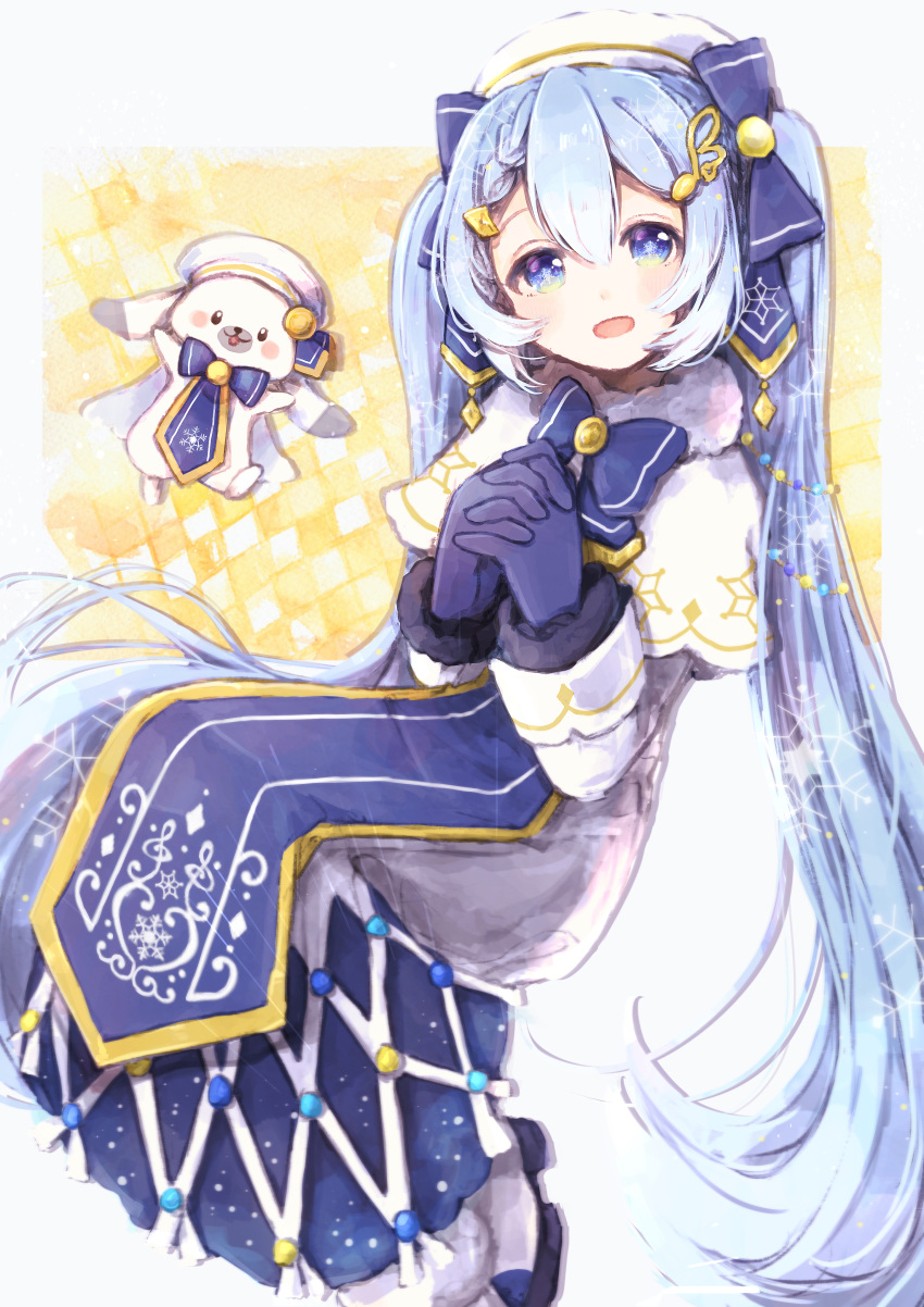 1girl 1other absurdres bangs bass_clef beret blue_bow blue_dress blue_eyes blue_gloves blue_neckwear blue_tabard bow bowtie braid capelet christmas_lights closed_eyes dress fur-trimmed_capelet fur_trim gloves gold_trim hair_between_eyes hair_ornament hands_together hat hatsune_miku highres interlocked_fingers light_blue_hair light_smile looking_at_viewer musical_note_hair_ornament open_mouth rabbit rabbit_yukine sitting snowflake_in_eye snowflake_print tabard treble_clef vocaloid white_capelet white_dress white_headwear yuirinex yuki_miku yuki_miku_(2021)