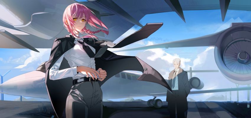 1boy 1girl aircraft airplane airport bangs belt black_neckwear black_pants blue_sky braid braided_ponytail business_suit chainsaw_man clouds day facial_scar formal hanakouji0704 hands_in_pockets highres jacket jacket_removed kishibe_(chainsaw_man) light_smile long_sleeves looking_at_viewer makima_(chainsaw_man) necktie pants purple_hair ringed_eyes scar scar_on_cheek shirt short_hair sky smile suit white_shirt yellow_eyes