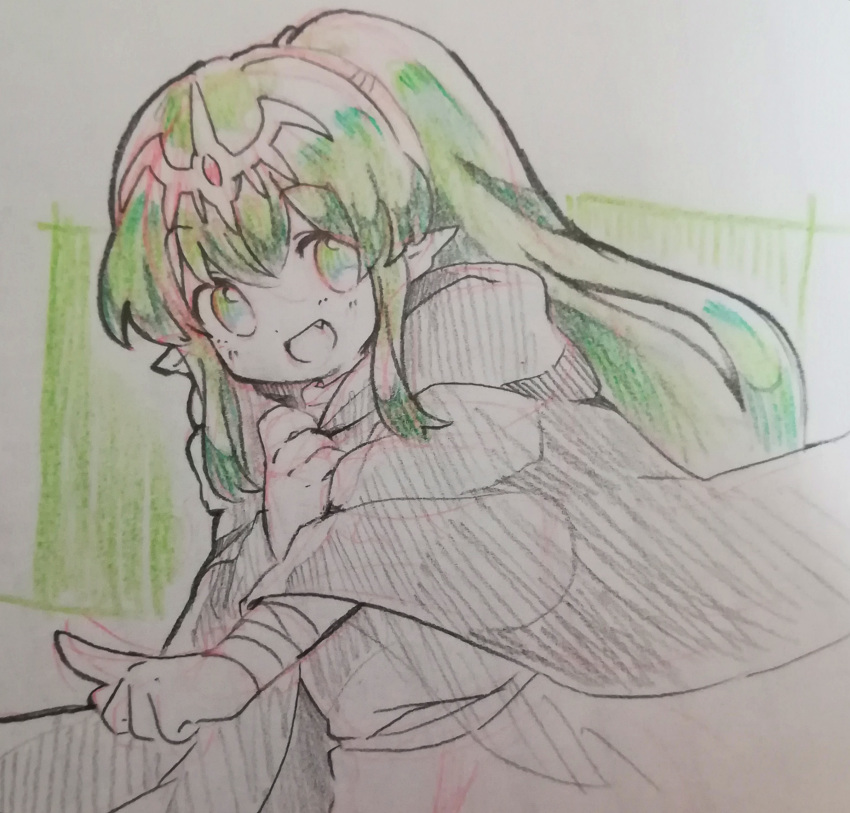 1girl :d bandaged_arm bandages betabetamaru cloak clutching_clothes colored_pencil_(medium) fang fire_emblem fire_emblem:_mystery_of_the_emblem green_eyes green_hair highres long_hair manakete open_mouth pointing pointy_ears ponytail sidelocks simple_background smile spot_color stone tiara tiki_(fire_emblem) traditional_media