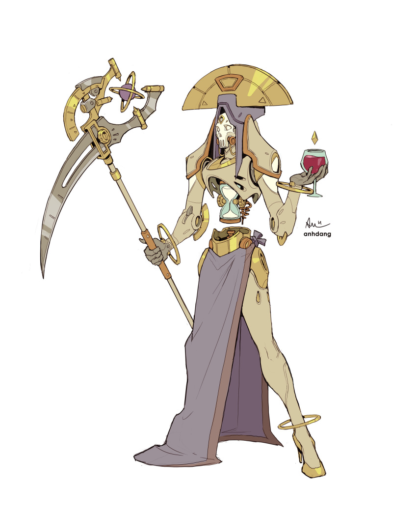 absurdres alcohol anhdang artist_name cup drinking_glass hand_up high_heels highres holding holding_scythe hourglass no_humans pun robot scythe signature simple_background usekh_collar waist_cape white_background wine wine_glass