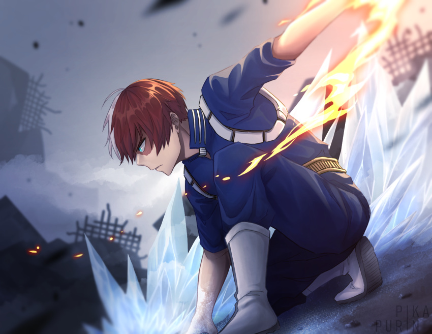 1boy ahoge artist_name belt blue_pants blue_shirt boku_no_hero_academia boots burn_scar closed_mouth commentary fire from_side grey_eyes highres ice male_focus multicolored_hair one_knee pants pikapurin redhead ruins scar serious shirt short_hair solo todoroki_shouto two-tone_hair white_footwear white_hair
