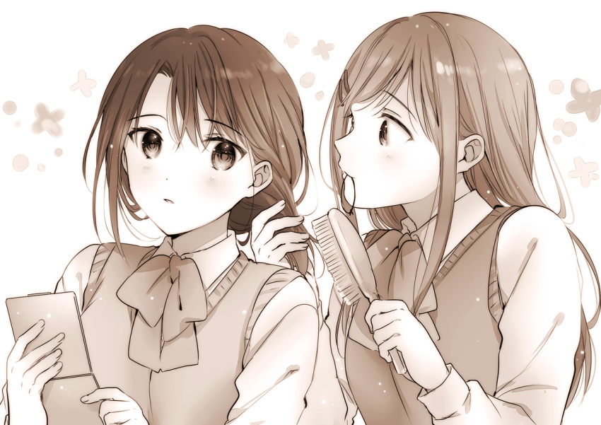 2girls adachi_sakura adachi_to_shimamura bow breasts comb greyscale hair_brushing hair_ornament hair_tie_in_mouth long_hair looking_at_another medium_hair mirror monochrome mouth_hold multiple_girls ousaka_nozomi school_uniform shimamura_hougetsu simple_background small_breasts sweater upper_body yuri